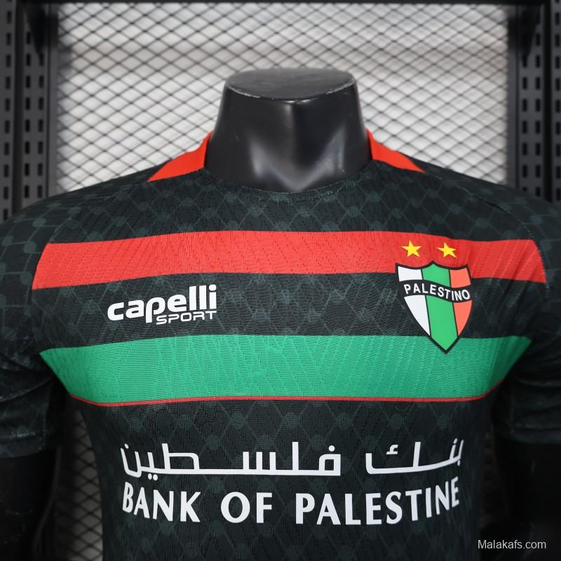 Player Version 25/26 CD Palestino Away Black Jersey with Red-Green Stripes and Bank of Palestine Sponsor