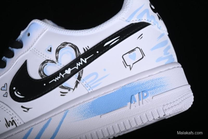 Nike Air Force 1 '07 Low Casual Sneakers with Anime-inspired Blue Spray Paint Design - CW2288-111