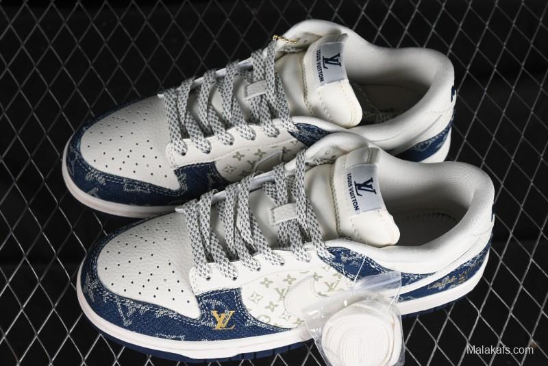 Nike SB Dunk Low LV Collaboration - Blue Denim Print Anniversary High-End Custom Low-Top Casual Sneakers - FC1688-162
