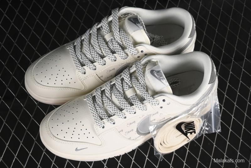 Nike SB Dunk Low Stussy Collaboration - White Grey Double Swoosh Anniversary High-End Custom Low-Top Casual Sneakers - XX2025-206