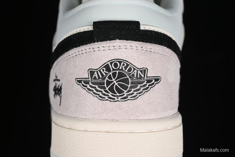 Nike Air Jordan 1 Low Stussy Collaboration - Black Blue Pigment Patchwork Retro Basketball Shoes - LJ6688-008