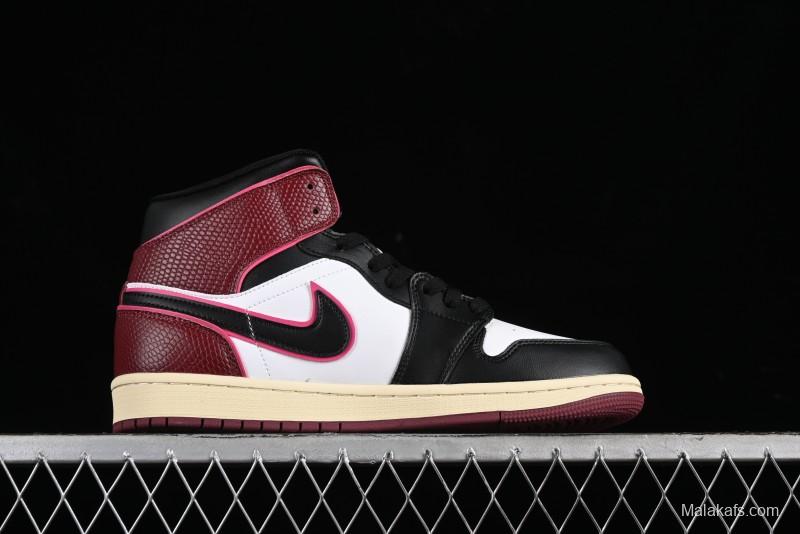 Nike Air Jordan 1 Mid AJ1 Snake Print Black Red Toe Mid-Top Basketball Shoes - FQ7818-101