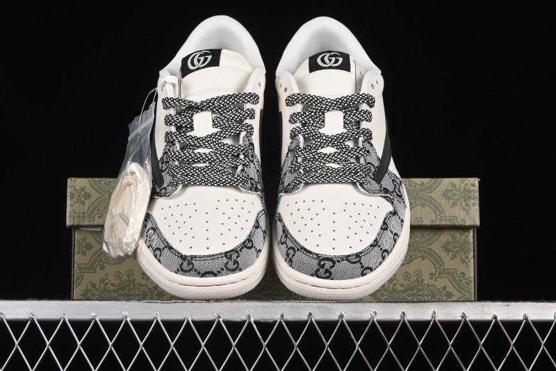 Nike Travis Scott x Fragment Design x Air Jordan 1 Low OG SP AJ1 Gucci Collaboration - Black Grey Pattern Low Top Casual Sneakers - XY2688-117