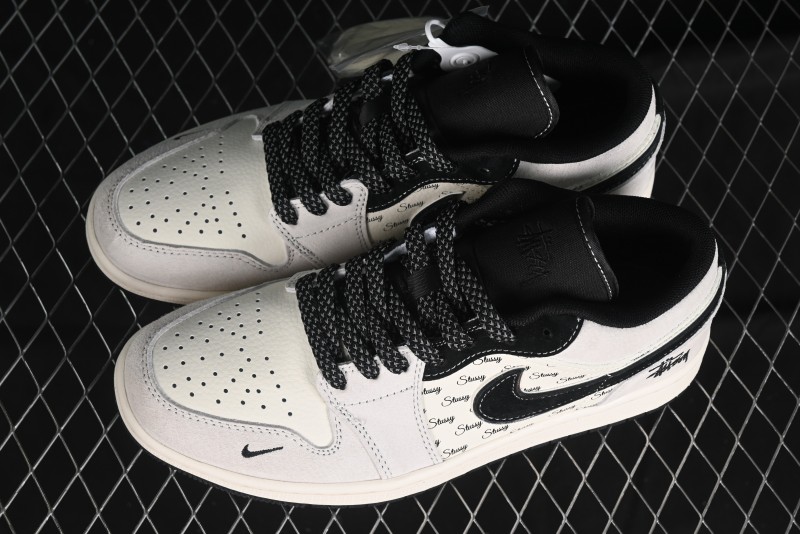 Nike Air Jordan 1 Low Stussy Collaboration - Silver Trim Black Swoosh Retro Basketball Shoes - SJ9950-026