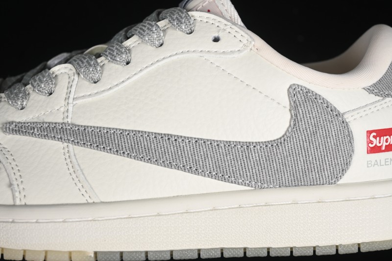 Nike Travis Scott x Fragment Design x Air Jordan 1 Low OG SP AJ1 Supreme Collaboration - Light Grey Denim Two-Tone Low-Top Casual Sneakers - JH6088-705