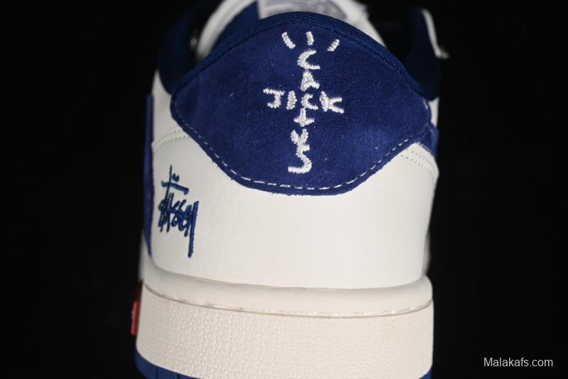 Nike Travis Scott x Fragment Design x Air Jordan 1 Low OG SP AJ1 Supreme Stussy Collaboration - Suede Blue Swoosh Low-Top Casual Sneakers - SJ2068-127