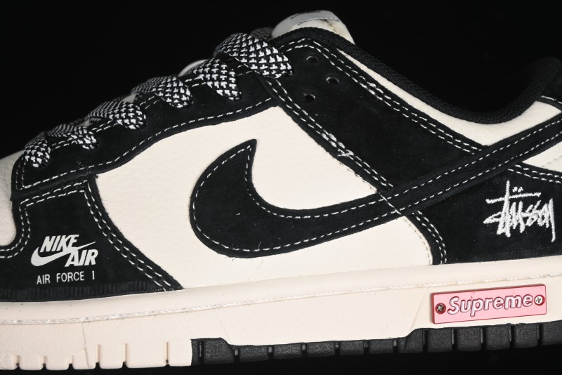 Nike SB Dunk Low Supreme x Stussy Triple Collaboration - Black White Black Swoosh Anniversary Custom Low Top Casual Skate Shoes - SJ2068-300