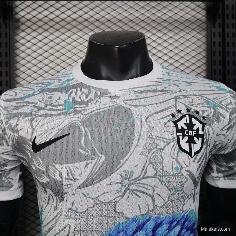 Player Version 2025 Brazil White with Blue Macaw Jersey