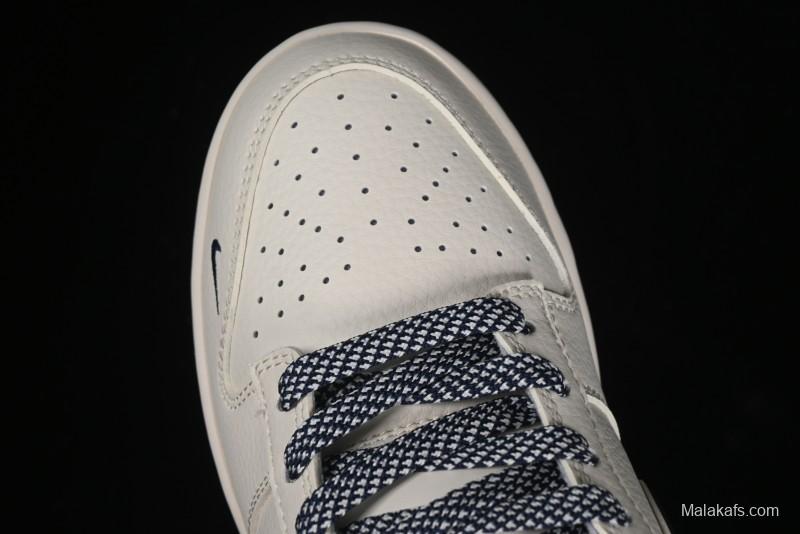 Nike SB Dunk Low Anniversary Premium Custom Low-Top Casual Skate Shoes in Off-White with Navy Blue Swoosh - SJ1089-004