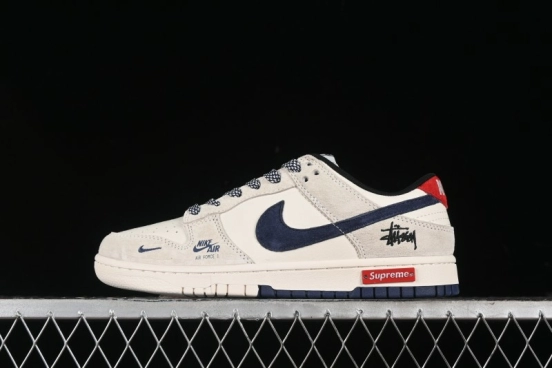 Nike SB Dunk Low Supreme x Stussy Triple Collaboration - Off White Navy Swoosh Anniversary Custom Low-Top Casual Sneakers - SJ2068-301