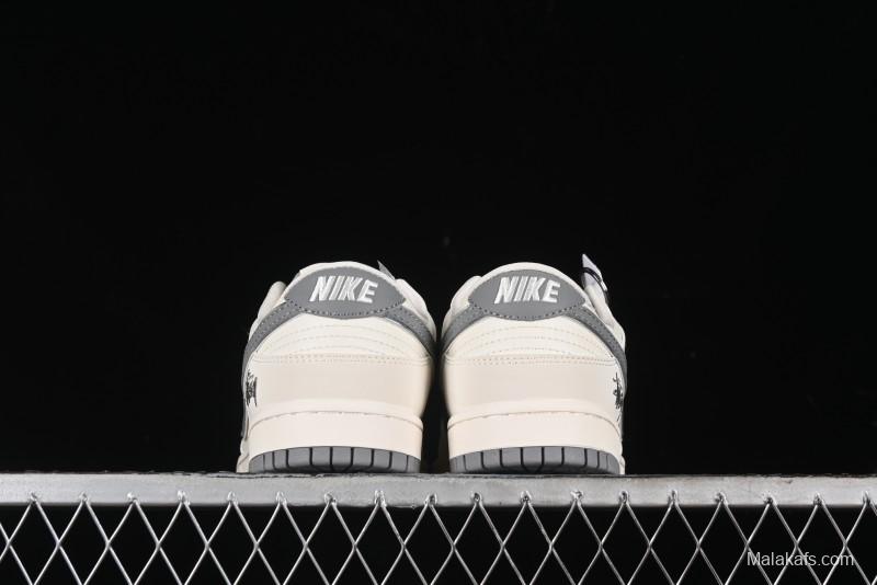 Nike SB Dunk Low Stussy Collaboration - Off White Dark Grey Swoosh Anniversary Custom Low-Top Casual Skate Shoes - DQ1098-382
