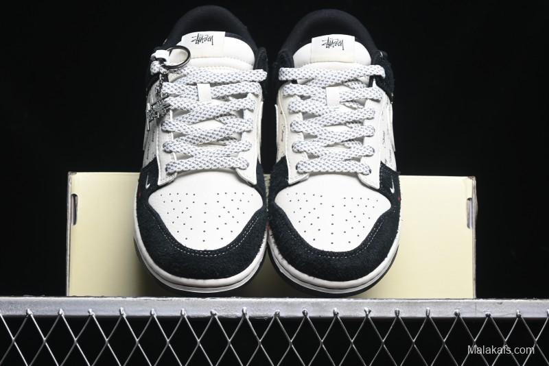 Nike SB Dunk Low Stussy Collaboration - Black White Mini Swoosh Anniversary Custom Low-Top Casual Skate Shoes - XY1688-017