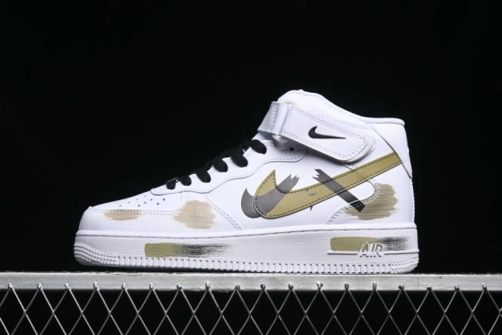 Nike Air Force 1 '07 Mid Hand-Painted Olive Green with Swoosh Shadow Strap Mid-Top Casual Sneakers - CW2289-111