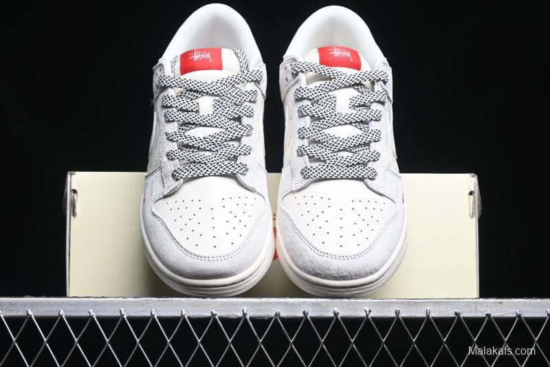 Nike SB Dunk Low Stussy Collaboration - Patchwork Grey White Swoosh Anniversary Custom Low-Top Casual Sneakers - YX5066-218