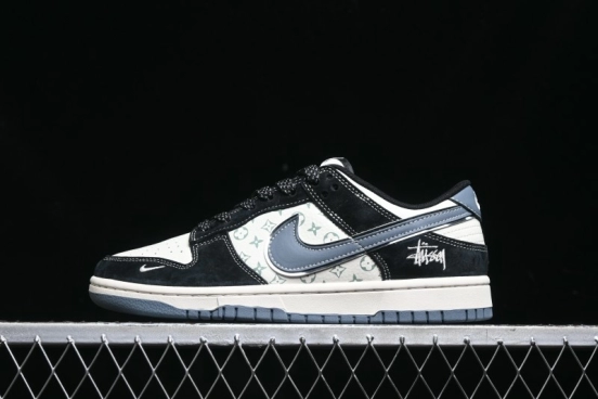 Nike SB Dunk Low Stussy Collaboration - Black White Print Anniversary Custom Low-Top Casual Sneakers - XX3168-212