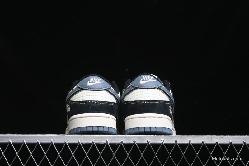 Nike SB Dunk Low Stussy Collaboration - Black White Print Anniversary Custom Low-Top Casual Sneakers - XX3168-212