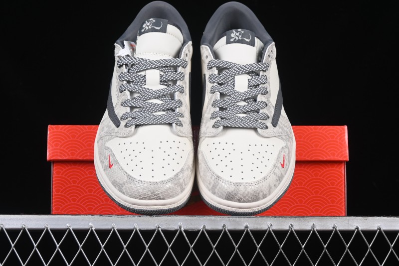 Nike Travis Scott x Fragment Design x Air Jordan 1 Low OG SP AJ1 Snake Year Limited Grey Snake Scale with Grey Swoosh Low-top Casual Sneakers - XS3086-009