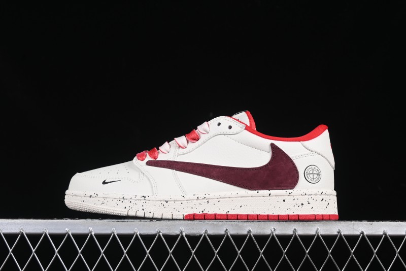 Nike Travis Scott x Fragment Design x Air Jordan 1 Low OG SP AJ1 Stone Island Collaboration Pomegranate Red Low-Top Casual Sneakers - CF3688-077