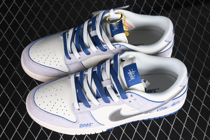 Nike SB Dunk Low Stussy Year of the Snake Collaboration Light Blue Silver Swoosh Anniversary Custom Low-Top Casual Sneakers - DM6868-010