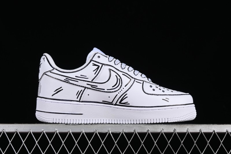 Nike Air Force 1 '07 Low Casual Sneakers with Black and White Hand-Drawn Manga Design - CW2288-811