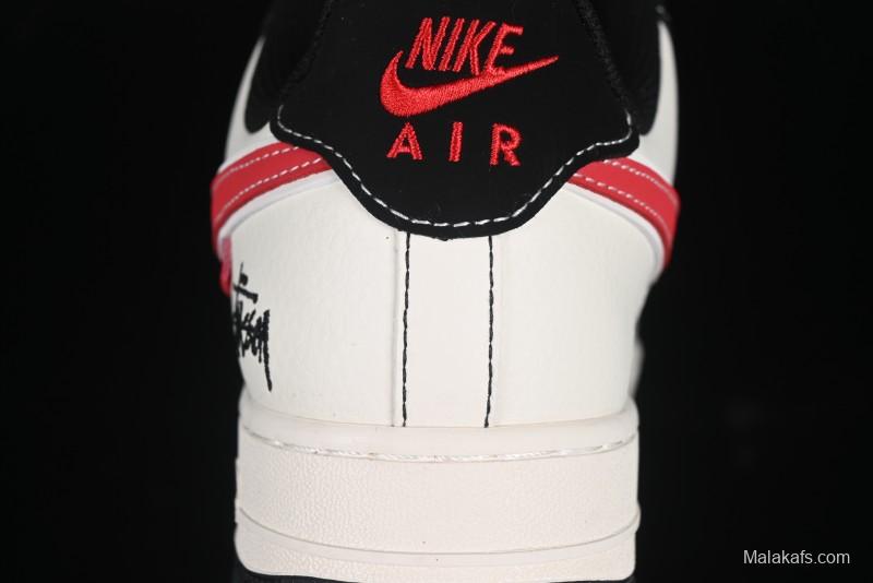 Nike Air Force 1 '07 Low Stussy Collaboration Black Stitch Red Swoosh Casual Sneakers - XS1958-518