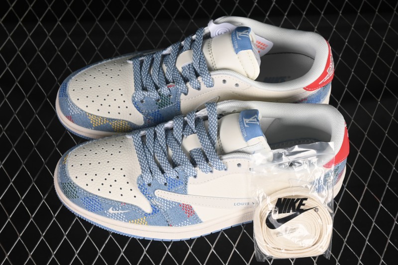 Nike Travis Scott x Fragment Design x Air Jordan 1 Low OG SP AJ1 LV Collaboration Multi-Color Canvas Low-Top Casual Sneakers - FC1688-232