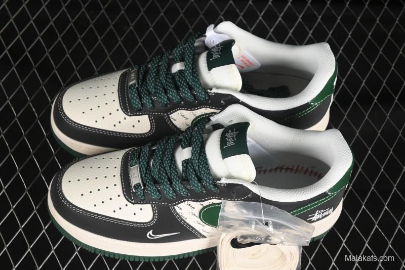 Nike Air Force 1 '07 Low Stussy Collaboration Black Green Swoosh Casual Sneakers - XS1958-572