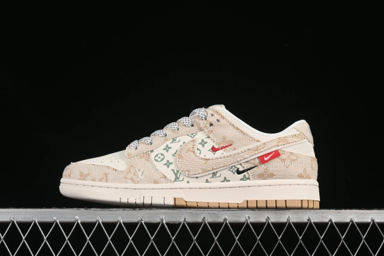 Nike SB Dunk Low LV Collaboration Woven Print Khaki Swoosh Anniversary High-End Custom Low-Top Casual Skate Shoes - YX5066-352