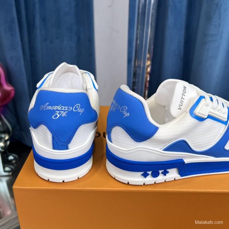 2025 Men Louis Vuitton White Blue Leather Trainer