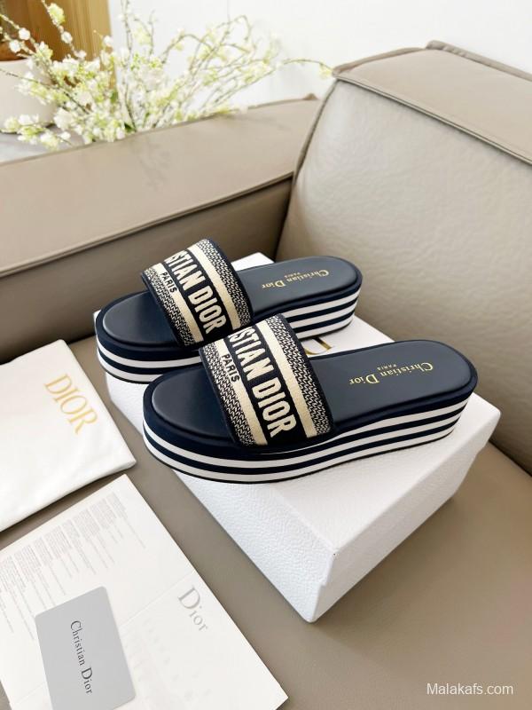 2025 Women Dior Navy White Canvas Platform Slippers LY