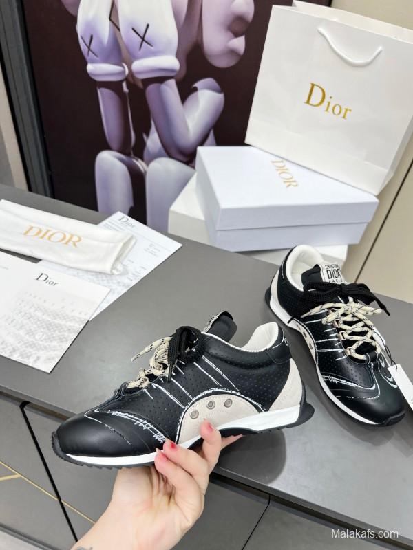 2025 Women Dior Black White Leather Sneakers Handwritten Logo KFY00290