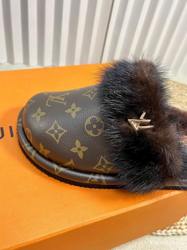 2024 Slippers Louis Vuitton Brown Leather Mink Fur Slippers MJ00340