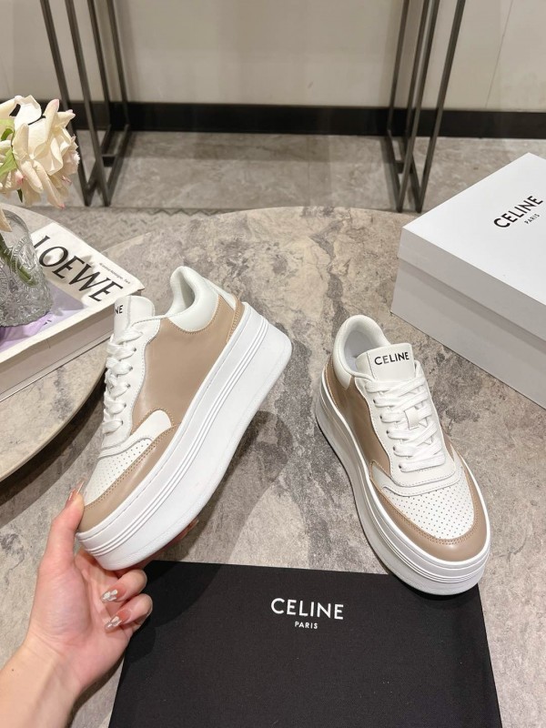 2025 Women Celine Beige White Leather Platform Sneakers