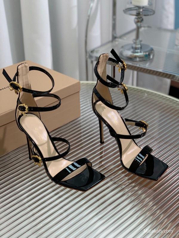2025 Women Gianvito Rossi Black Patent Leather Strappy High Heel Sandals