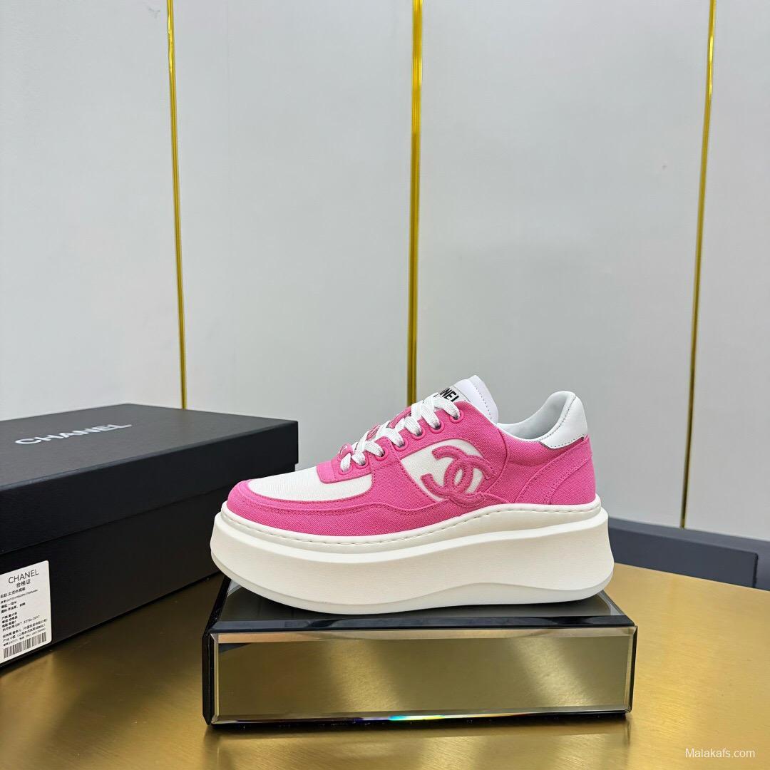2025 Women Chanel Pink White Leather Canvas Sneakers