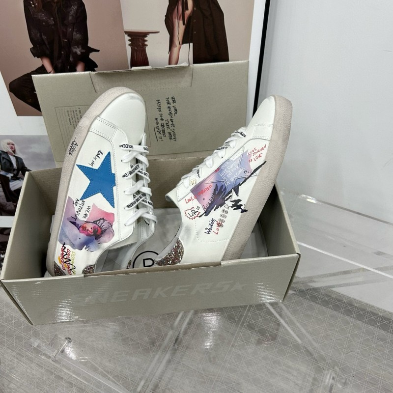 2025 Women GGDB White Blue Leather Sneakers
