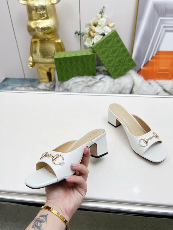 2025 Women Gucci White Leather Heeled Slippers MJ00180