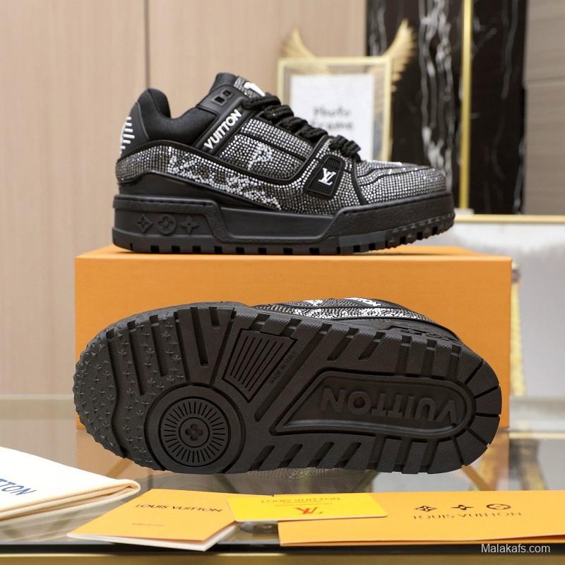 2024 Unisex Louis Vuitton Black Rhinestone Leather LV Trainer Sneakers MJ00430