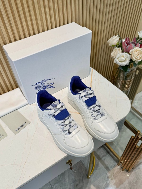 2024 Men Burberry White Blue Calf Leather Casual Sneakers MJ00330