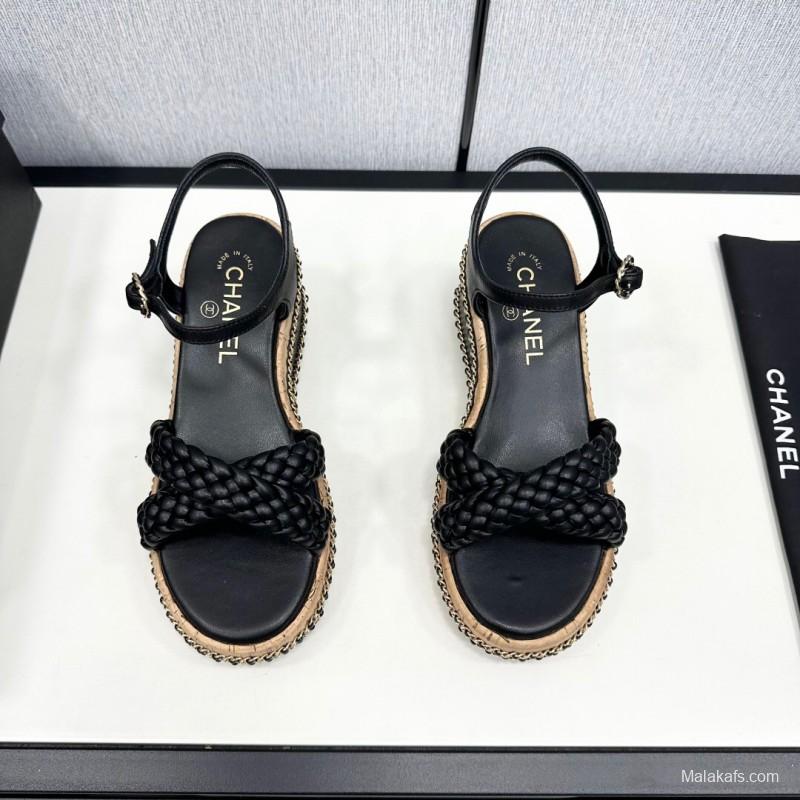 2025 Women Chanel Black Leather Braided Wedge Sandals