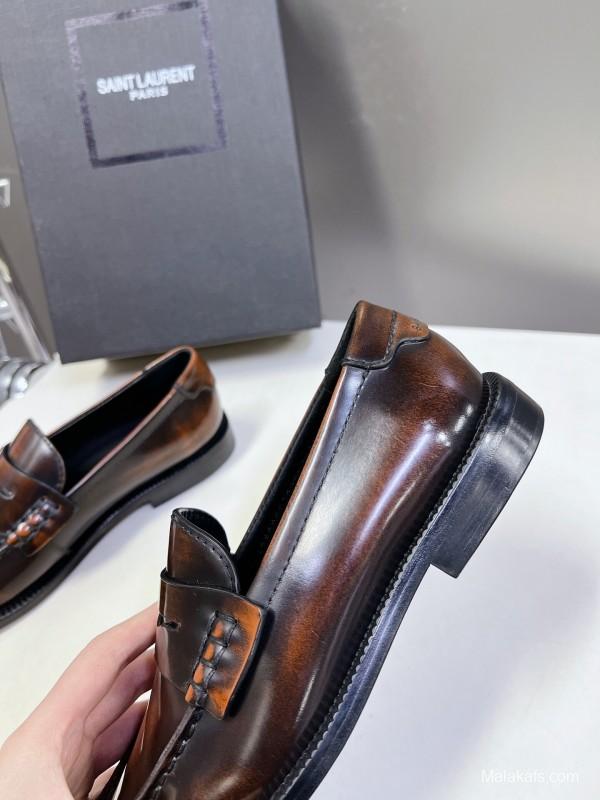 2025 Women Yves Saint Laurent Brown Leather Loafers KFY00350