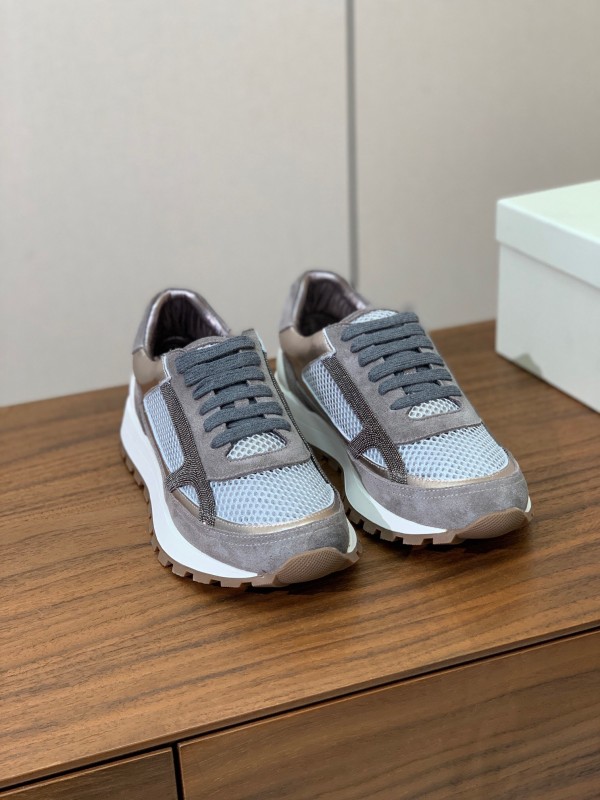 2025 Unisex Brunello Cucinelli Grey Silver Suede Mesh Sneakers