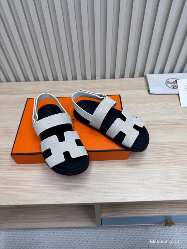 2025 Women Hermès White Leather Slippers