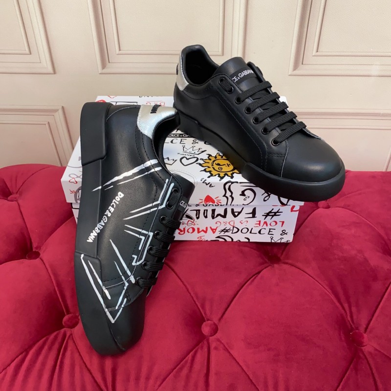2025 Men Dolce & Gabbana Black Silver Leather Sneakers
