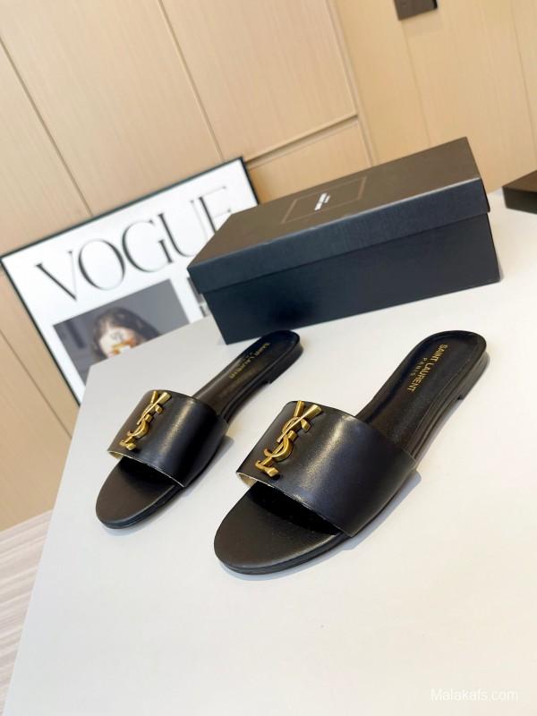 2025 Women Yves Saint Laurent Black Leather Slippers LY00180