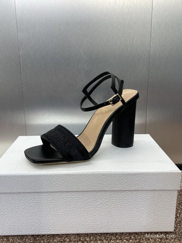 2025 Women Dior Black Leather High Heel Sandals