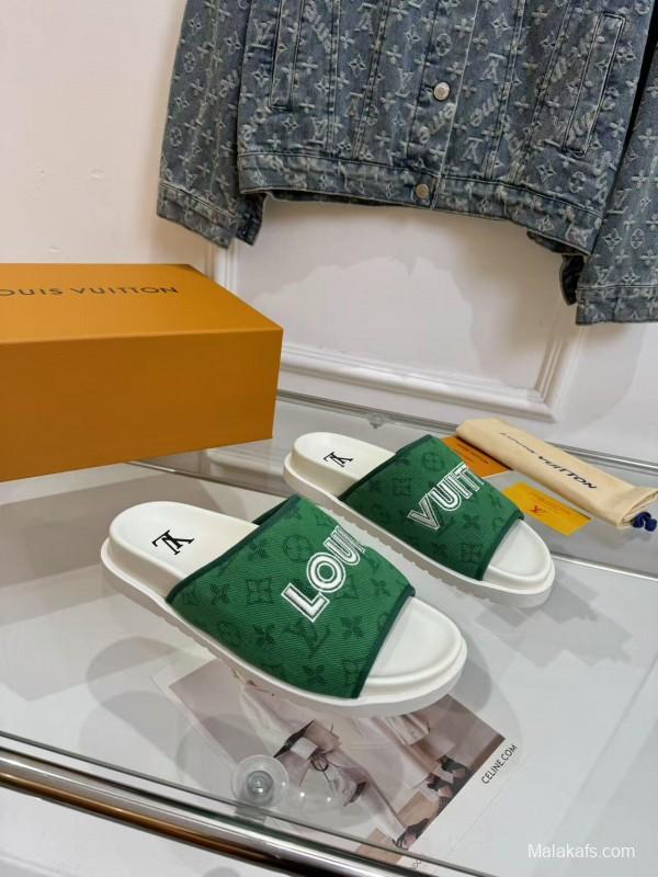 2025 Slippers Louis Vuitton Green Canvas Slippers LY