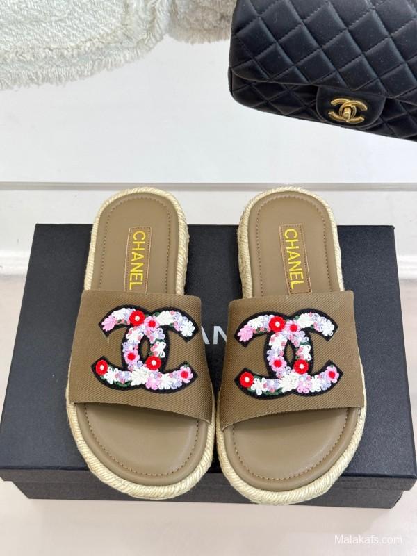 2025 Women Chanel Khaki Embroidered Lambskin Slippers KFY00230