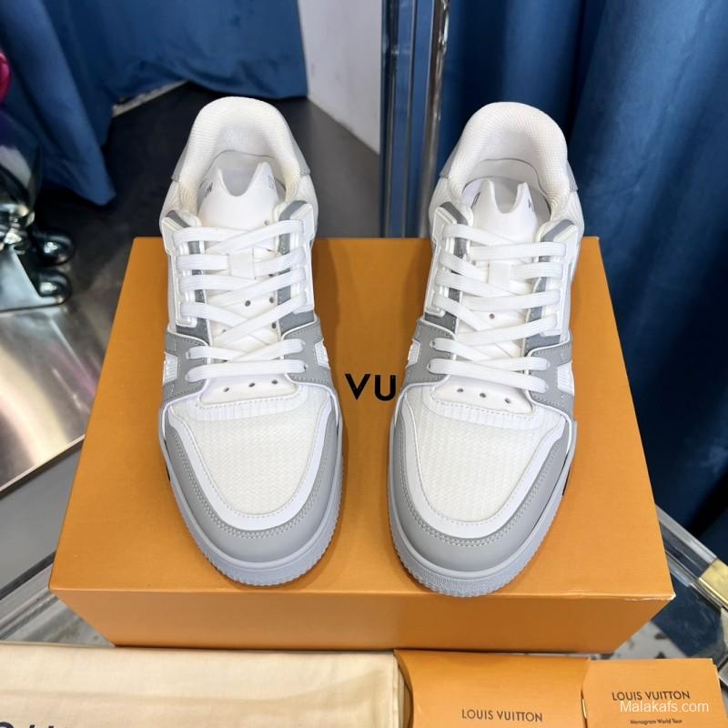 2025 Unisex Louis Vuitton White Grey Leather Mesh LV Trainer