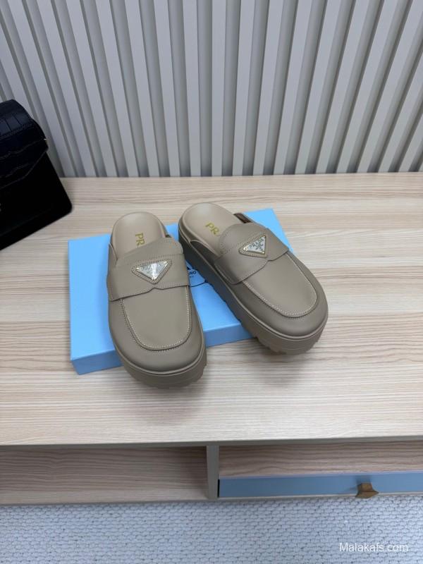 2025 Women Prada Beige Leather Slippers